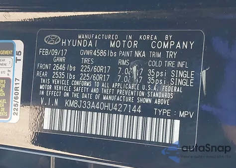 2017 Hyundai Tucson Se Plus z USA, uszkodzony, nr VIN KM8J33A40HU427144